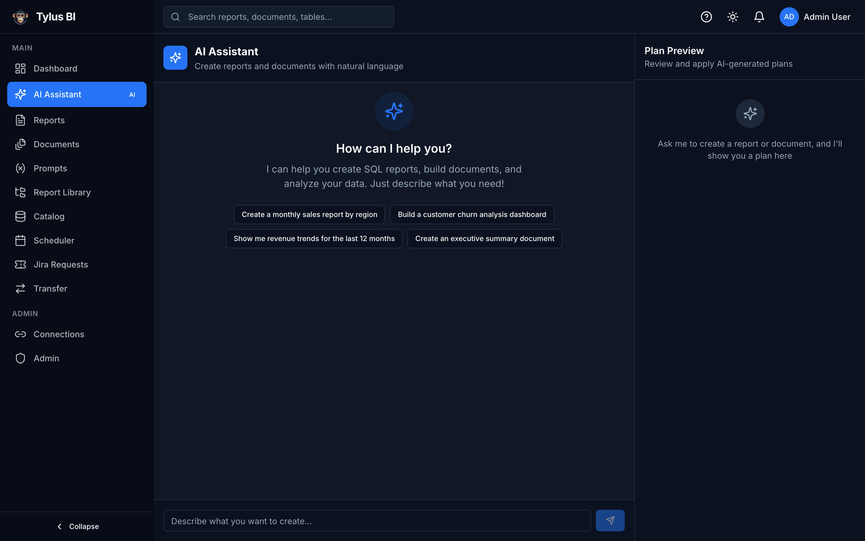 AI Assistant — sohbet (solda) ve Plan Önizleme (sağda).