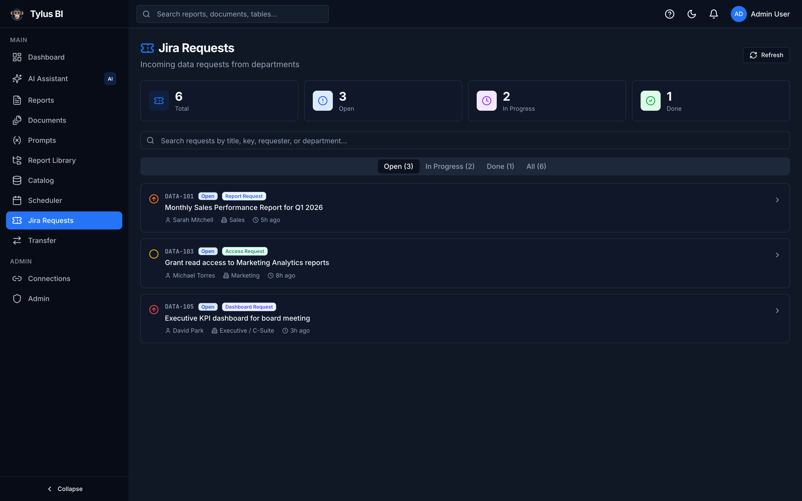 Jira Talepleri — talep listesi, durum sekmeleri ve detay paneli.