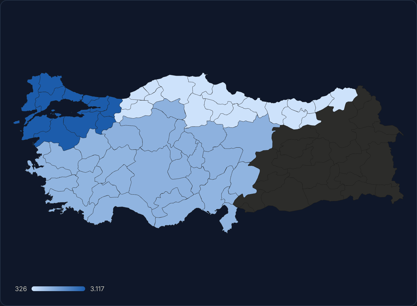 Harita (TR) bölge modu — 7 coğrafi bölge blok halinde renklendirilmiş.